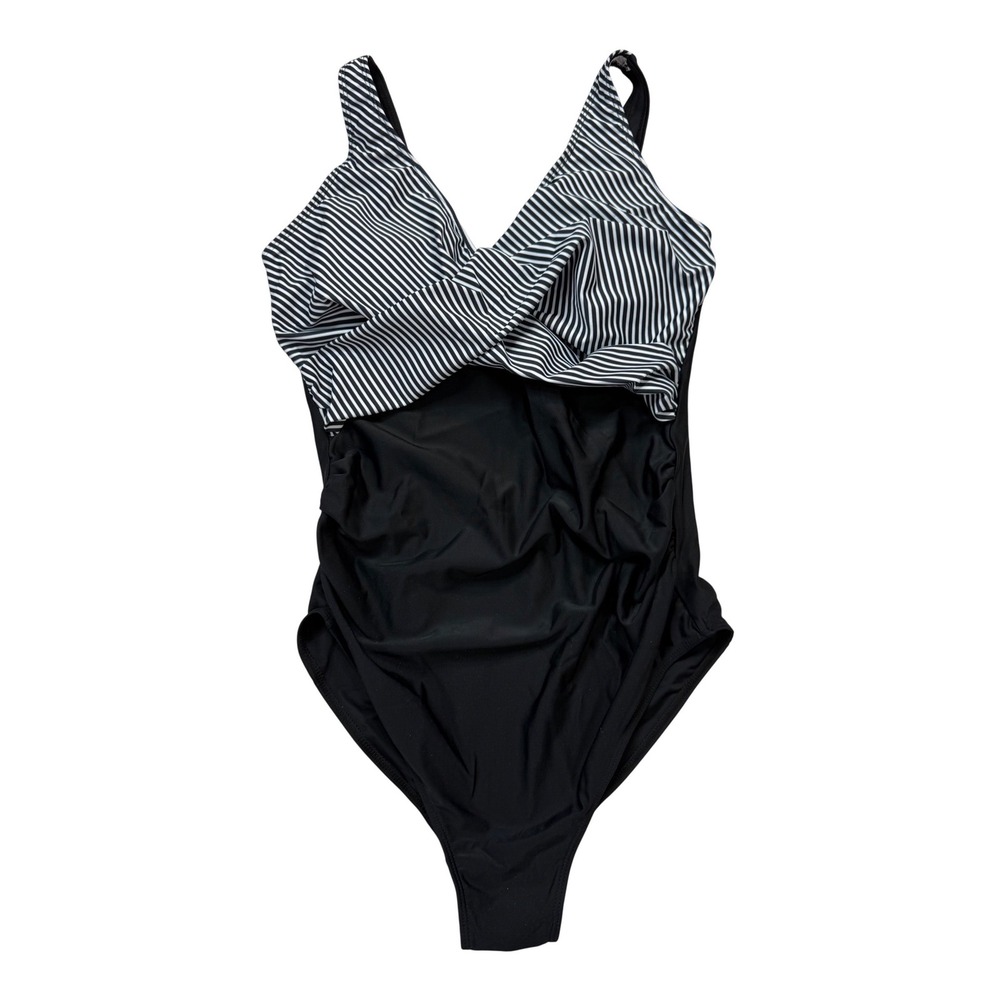 SummerSunshine Maternity 1 Piece Swimsuit Striped Ruched Black‎ White Medium NWT